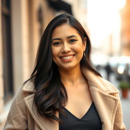 A 37-year-old woman of Latin descent dressed in stylish outerwear, showcasing more than half of her torso