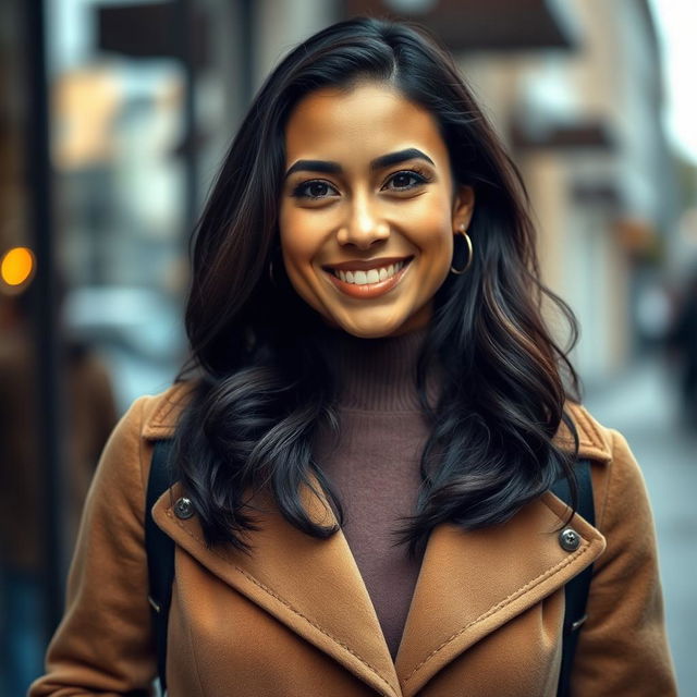 A 37-year-old woman of Latin descent dressed in stylish outerwear, showcasing more than half of her torso