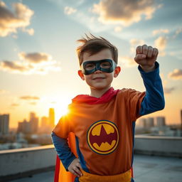 A young boy dressed as a superhero, wearing a colorful cape and a stylish mask