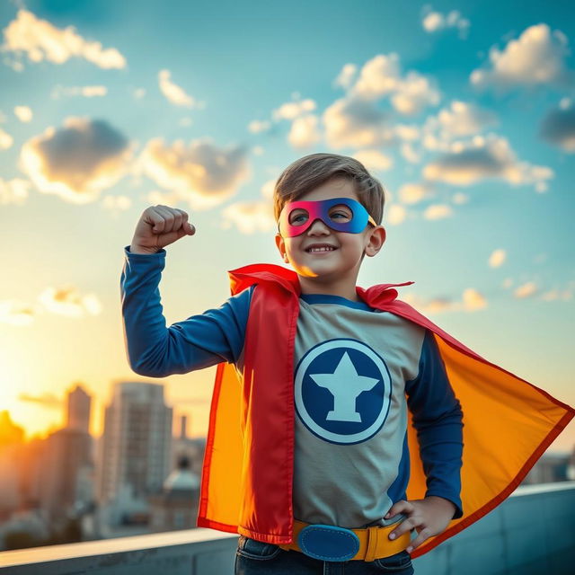 A young boy dressed as a superhero, wearing a colorful cape and a stylish mask