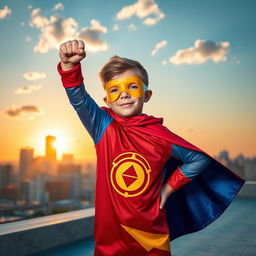 A young boy dressed as a superhero, wearing a colorful cape and a stylish mask