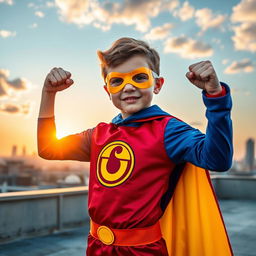 A young boy dressed as a superhero, wearing a colorful cape and a stylish mask