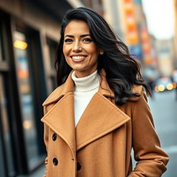 A 41-year-old woman of Brazilian descent captured in full length, dressed in stylish outerwear that exudes elegance and confidence