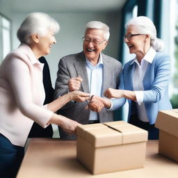 A joyful scene of an elderly couple handing over their successful business to a younger, confident entrepreneur, as relieved employees cheerfully celebrate their secure future