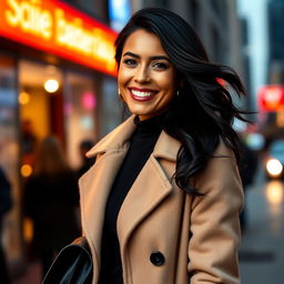 A 41-year-old woman of Brazilian descent captured in full length, dressed in stylish outerwear that exudes elegance and confidence