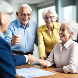 A joyful scene of an elderly couple handing over their successful business to a younger, confident entrepreneur, as relieved employees cheerfully celebrate their secure future