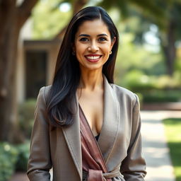 A 42-year-old woman of Brazilian descent depicted in full length, dressed elegantly in a modest outfit that does not feature a low neckline