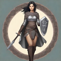 Generate an image of a female Half-elf with tawny skin and black hair