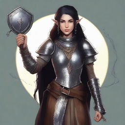 Generate an image of a female Half-elf with tawny skin and black hair