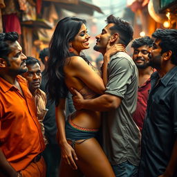 A striking scene capturing an intense moment of passion and desire, featuring a group of men in a vibrant, bustling slum setting