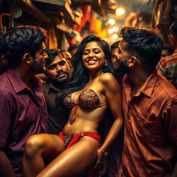 A striking scene capturing an intense moment of passion and desire, featuring a group of men in a vibrant, bustling slum setting