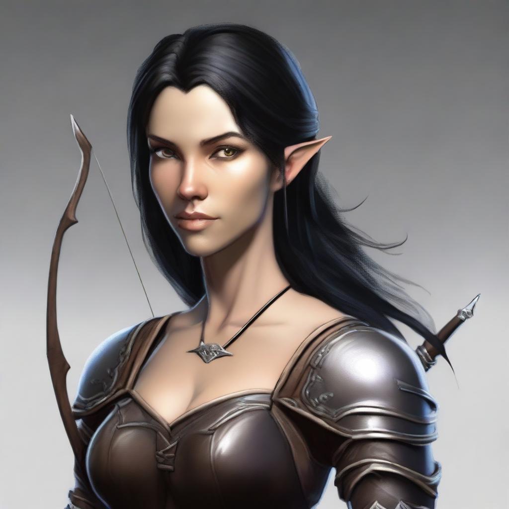 Generate an image of a female Half-elf with light tan skin and black hair