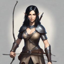 Generate an image of a female Half-elf with light tan skin and black hair