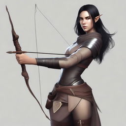 Generate an image of a female Half-elf with light tan skin and black hair