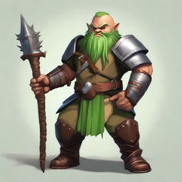 Generate an image of a male dwarf with tan skin and green hair