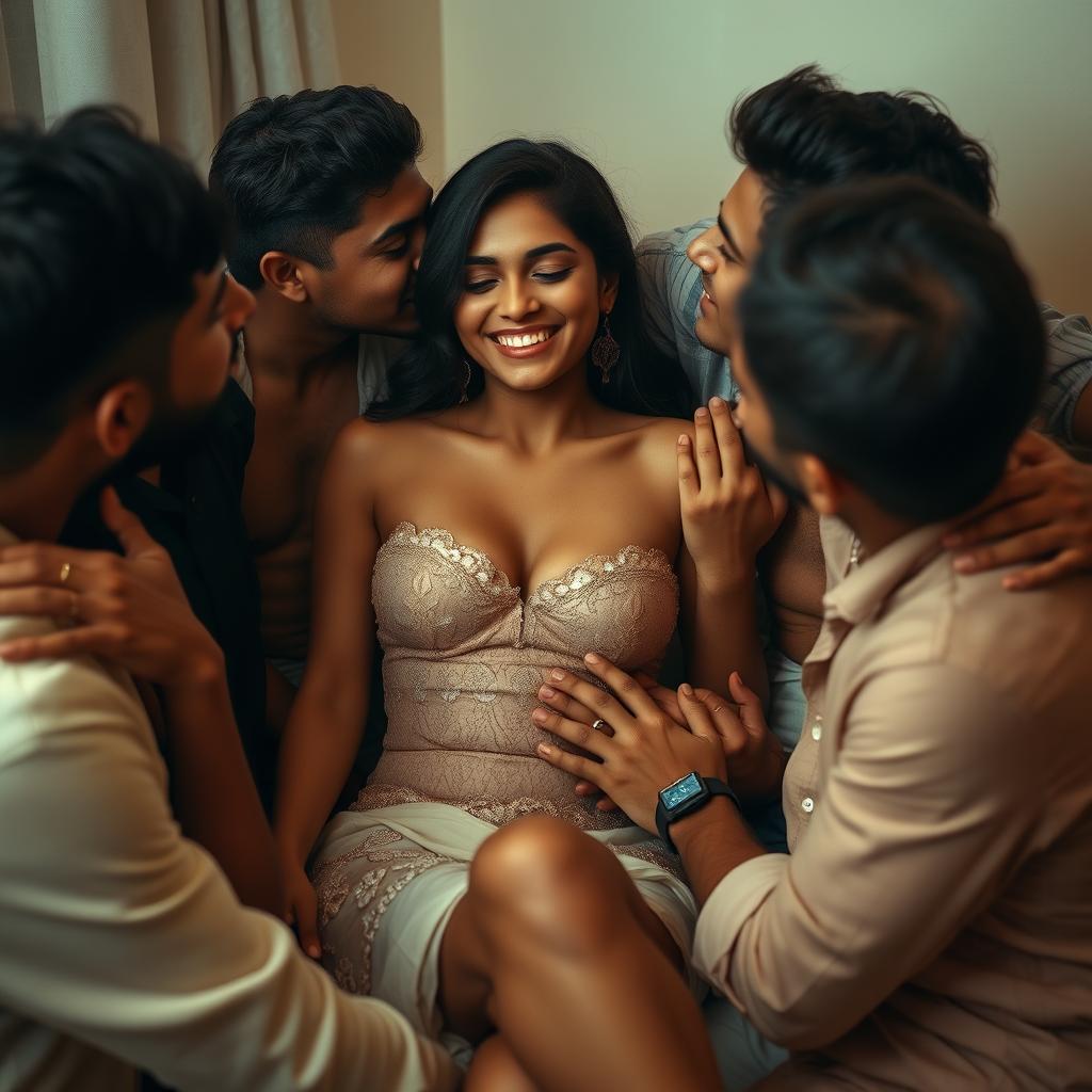 A captivating young Indian woman with long legs, radiating a blend of innocence and allure, is depicted in a romantic and intimate scene surrounded by multiple men