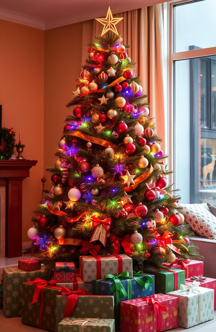 A beautifully decorated Christmas tree adorned with colorful lights, shimmering ornaments, and a golden star on top