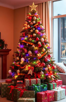 A beautifully decorated Christmas tree adorned with colorful lights, shimmering ornaments, and a golden star on top