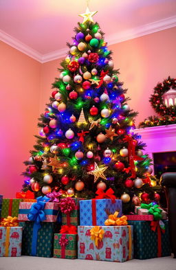 A beautifully decorated Christmas tree adorned with colorful lights, shimmering ornaments, and a golden star on top