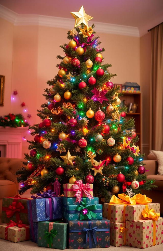 A beautifully decorated Christmas tree adorned with colorful lights, shimmering ornaments, and a golden star on top