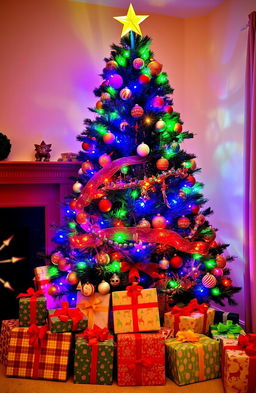 A beautifully decorated Christmas tree adorned with colorful lights, shimmering ornaments, and a golden star on top