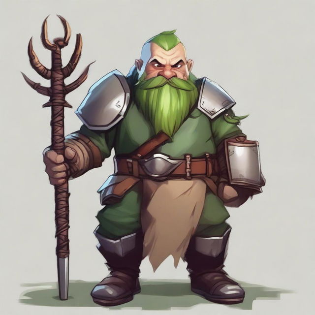 Generate an image of a male dwarf with tan skin and green hair