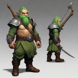 Generate an image of a male dwarf with tan skin and green hair