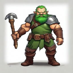 Generate an image of a male dwarf with tan skin and green hair