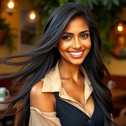 A portrait of a 30-year-old Latin American woman with long, flowing black hair and rich brown skin