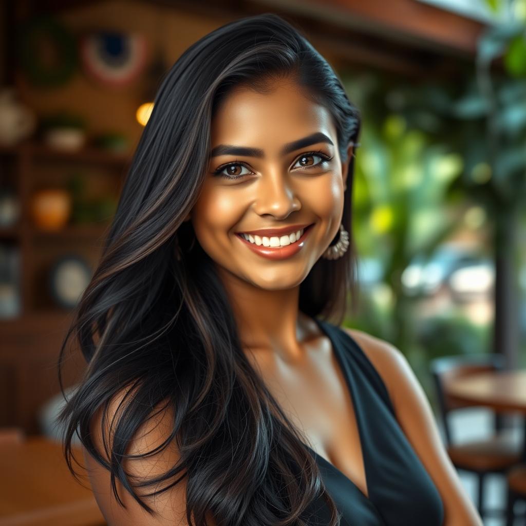 A portrait of a 30-year-old Latin American woman with long, flowing black hair and rich brown skin