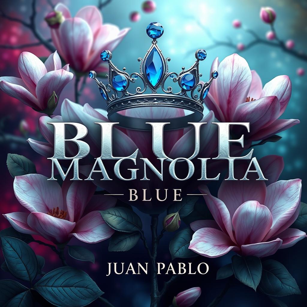 An animated, surrealist A4 cover design for 'BLUE MAGNOLIA' by JUAN PABLO, presented in a striking portrait format