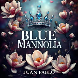 An animated, surrealist A4 cover design for 'BLUE MAGNOLIA' by JUAN PABLO, presented in a striking portrait format