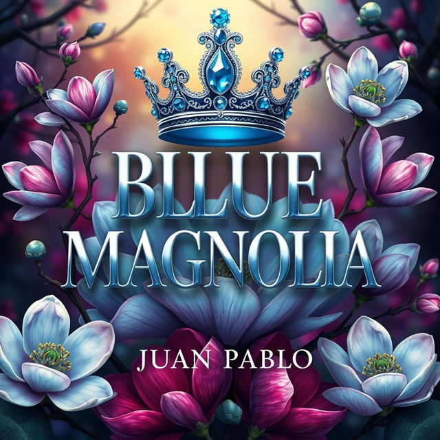 An animated, surrealist A4 cover design for 'BLUE MAGNOLIA' by JUAN PABLO, presented in a striking portrait format