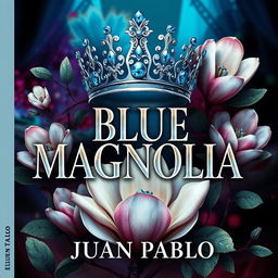 An animated, surrealist A4 cover design for 'BLUE MAGNOLIA' by JUAN PABLO, presented in a striking portrait format