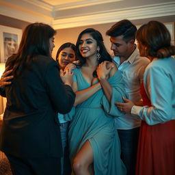 A stunning young Indian woman with long legs is depicted in an intimate setting, surrounded by admiration and affection