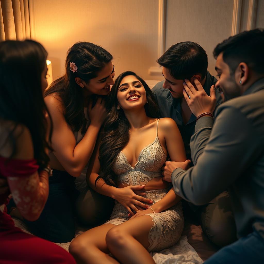 A stunning young Indian woman with long legs is depicted in an intimate setting, surrounded by admiration and affection