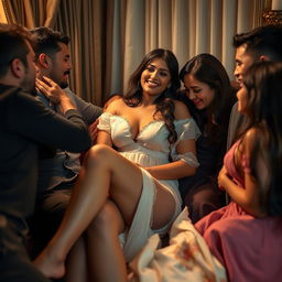 A stunning young Indian woman with long legs is depicted in an intimate setting, surrounded by admiration and affection