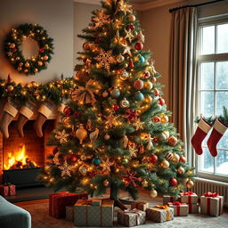 A beautifully decorated Christmas tree standing elegantly in a cozy living room