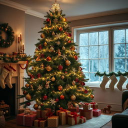 A beautifully decorated Christmas tree standing elegantly in a cozy living room