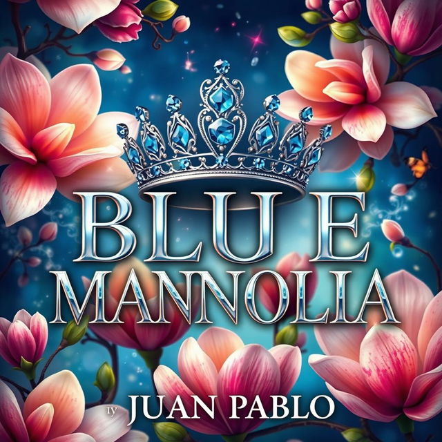 An animated, surrealist cover design for 'BLUE MAGNOLIA' by JUAN PABLO, featuring the title rendered in an elegant and captivating font that exudes sophistication and intrigue