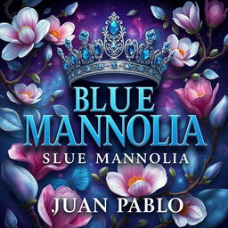 An animated, surrealist cover design for 'BLUE MAGNOLIA' by JUAN PABLO, featuring the title rendered in an elegant and captivating font that exudes sophistication and intrigue