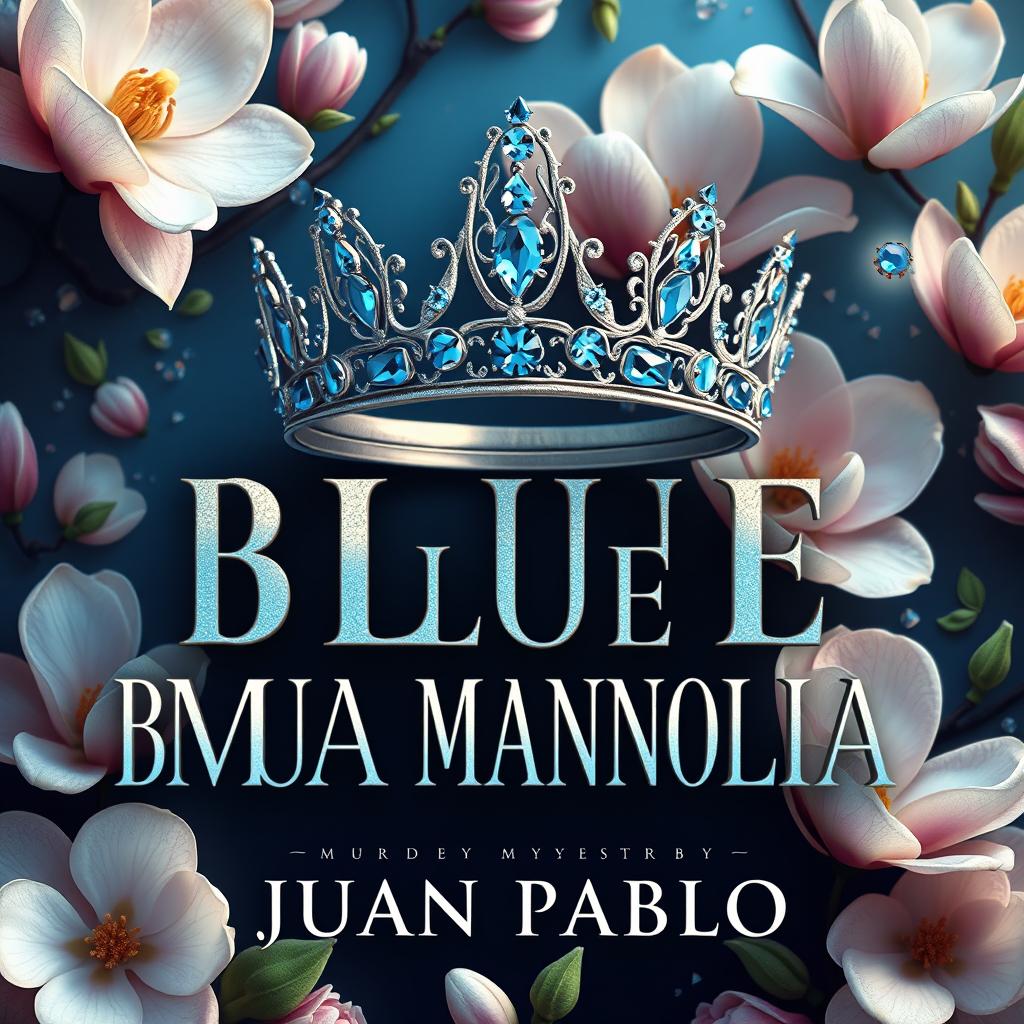 An animated, surrealist cover design for 'BLUE MAGNOLIA' by JUAN PABLO, featuring the title rendered in an elegant and captivating font that exudes sophistication and intrigue