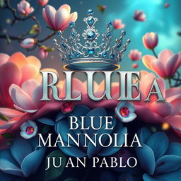 An animated, surrealist cover design for 'BLUE MAGNOLIA' by JUAN PABLO, featuring the title rendered in an elegant and captivating font that exudes sophistication and intrigue