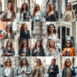 A collection of 10 photos of women aged 30-35, each featuring one stylish, intelligent, and confident woman in various cities across Italy