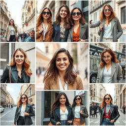 A collection of 10 photos of women aged 30-35, each featuring one stylish, intelligent, and confident woman in various cities across Italy