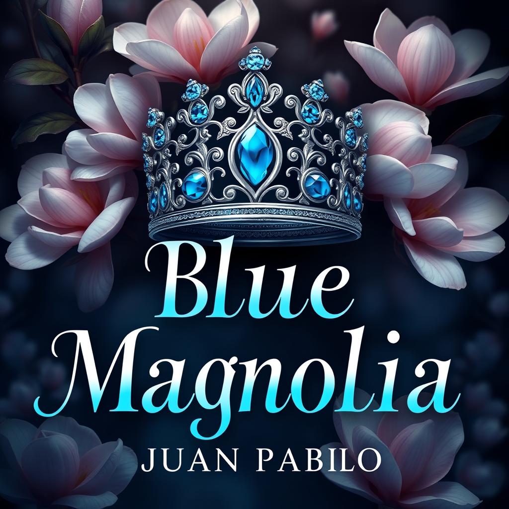 An animated cover design for 'Blue Magnolia' by Juan Pablo, featuring the title rendered in an elegant and sophisticated font, exuding an air of mystery