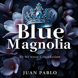 An animated cover design for 'Blue Magnolia' by Juan Pablo, featuring the title rendered in an elegant and sophisticated font, exuding an air of mystery