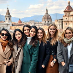 A realistic photo of women aged 30-35 years old in various Italian cities, showcasing a diverse group of stylish, intelligent, open-minded, and sociable individuals