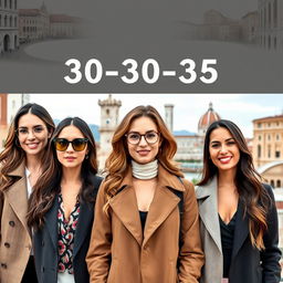 A realistic photo of women aged 30-35 years old in various Italian cities, showcasing a diverse group of stylish, intelligent, open-minded, and sociable individuals