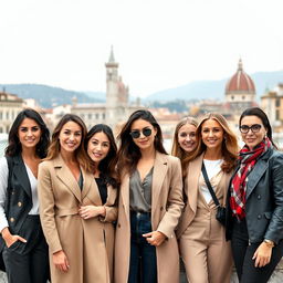 A realistic photo of women aged 30-35 years old in various Italian cities, showcasing a diverse group of stylish, intelligent, open-minded, and sociable individuals